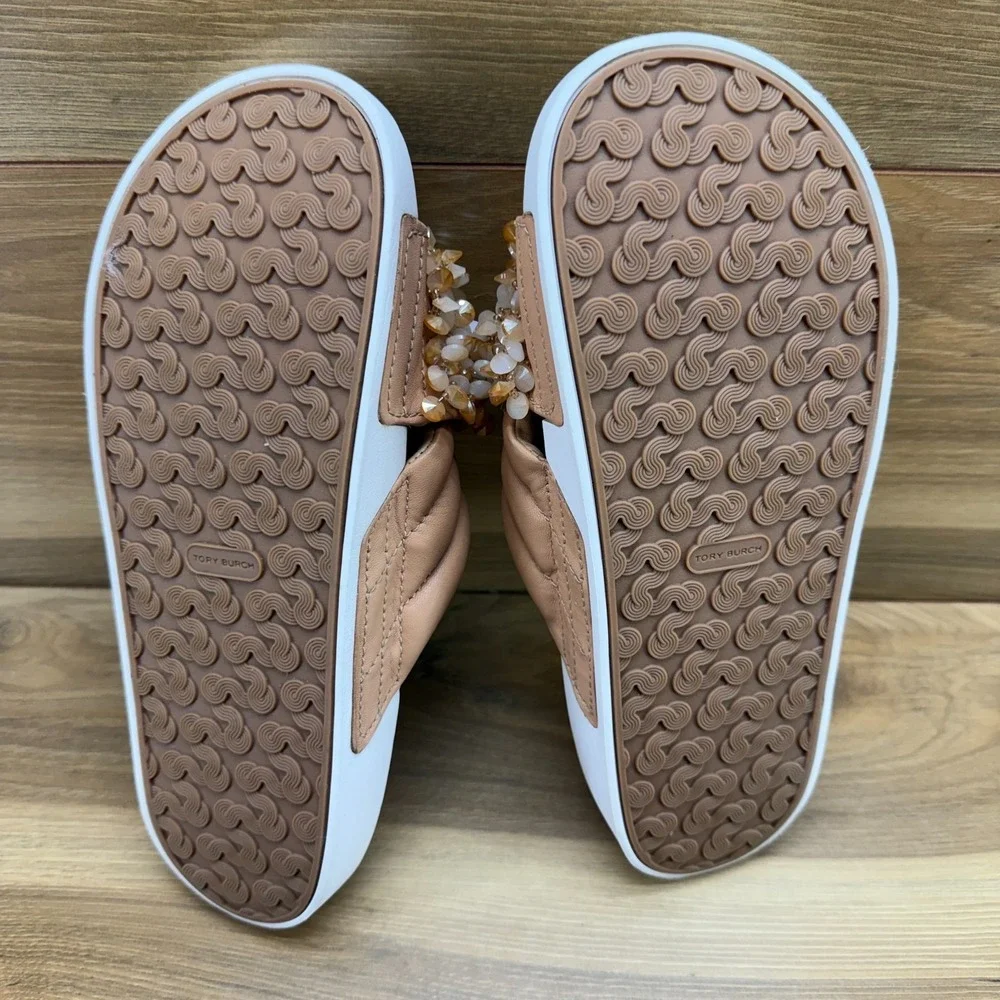 Tory Burch Logan Slide Sandals 9 M Tan Embellished Cross Strap Resort Vacation